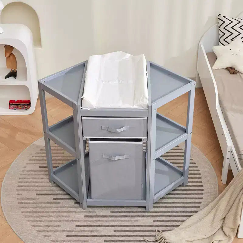 Table à langer d'angle avec tiroir de rangement, panier à linge, matelas, organisateur multifonctionnel pour nouveau-né, gris