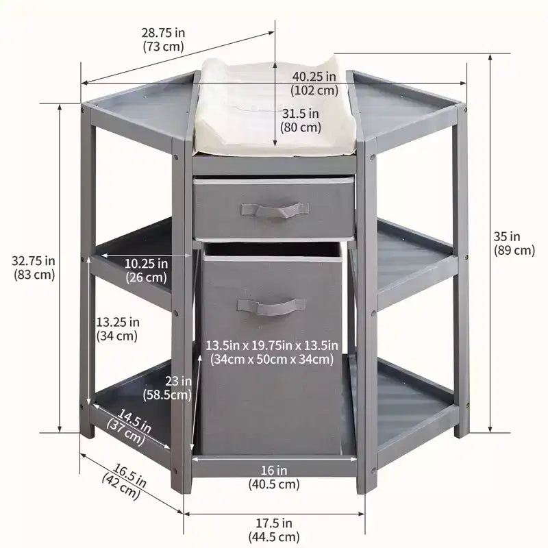 Table à langer d'angle avec tiroir de rangement, panier à linge, matelas, organisateur multifonctionnel pour nouveau-né, gris
