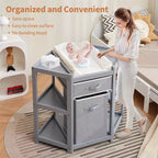 Table à langer d'angle avec tiroir de rangement, panier à linge, matelas, organisateur multifonctionnel pour nouveau-né, gris