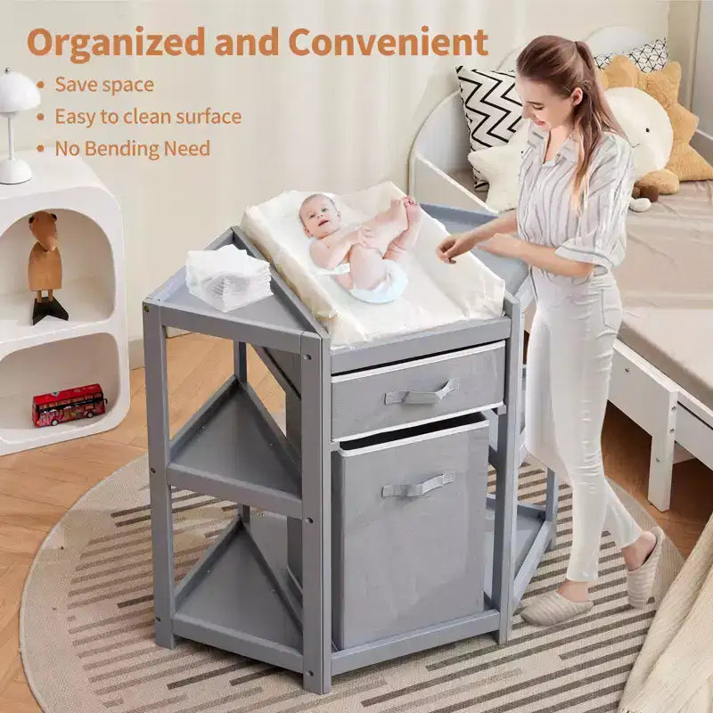 Table à langer d'angle avec tiroir de rangement, panier à linge, matelas, organisateur multifonctionnel pour nouveau-né, gris