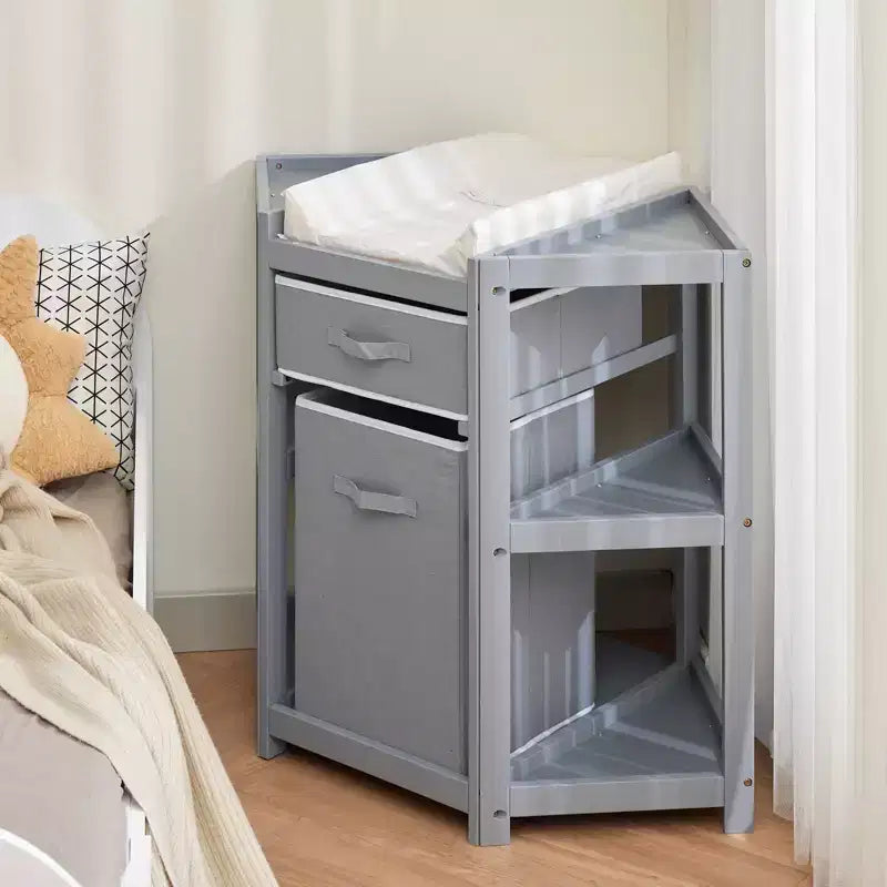 Table à langer d'angle avec tiroir de rangement, panier à linge, matelas, organisateur multifonctionnel pour nouveau-né, gris