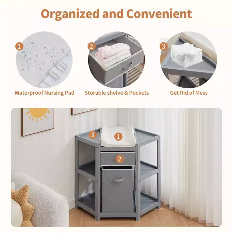 Table à langer d'angle avec tiroir de rangement, panier à linge, matelas, organisateur multifonctionnel pour nouveau-né, gris