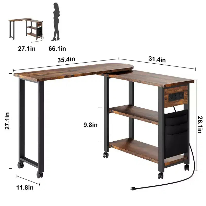 Table d'appoint rotative avec station de charge, Table d'appoint pivotante avec 6 roulettes verrouillables, Chariot de rangement à 3 niveaux pour salon et chambre