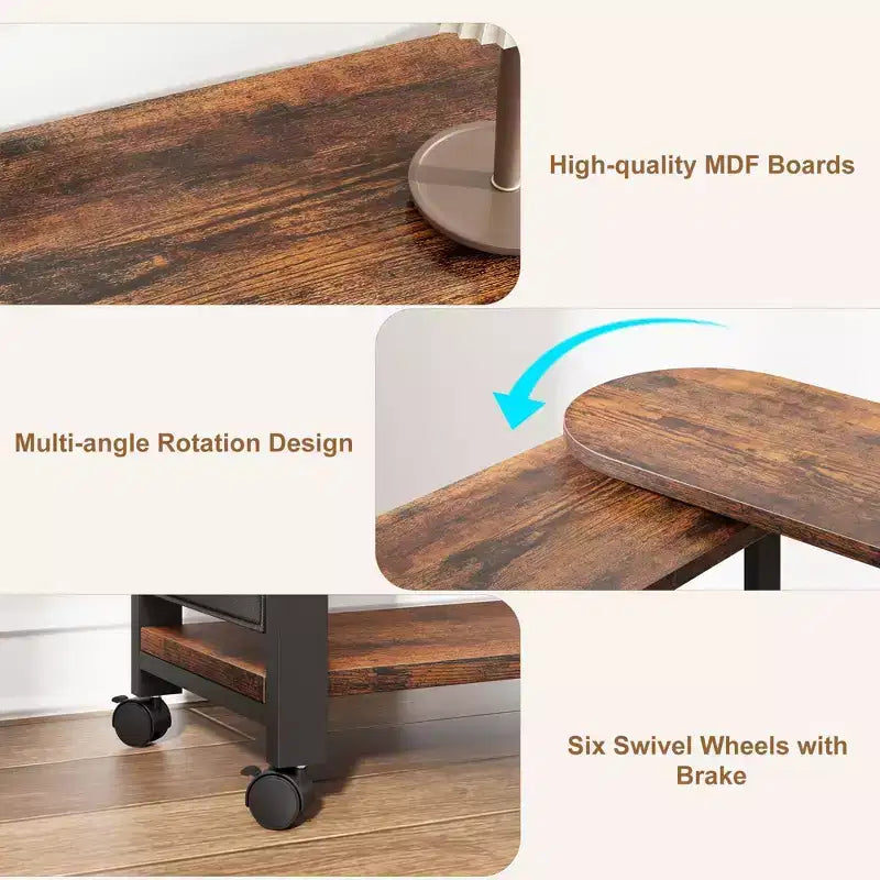 Table d'appoint rotative avec station de charge, Table d'appoint pivotante avec 6 roulettes verrouillables, Chariot de rangement à 3 niveaux pour salon et chambre