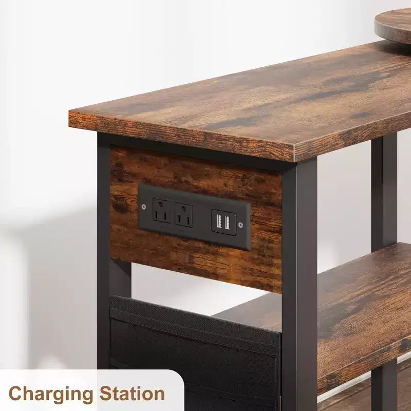Table d'appoint rotative avec station de charge, Table d'appoint pivotante avec 6 roulettes verrouillables, Chariot de rangement à 3 niveaux pour salon et chambre