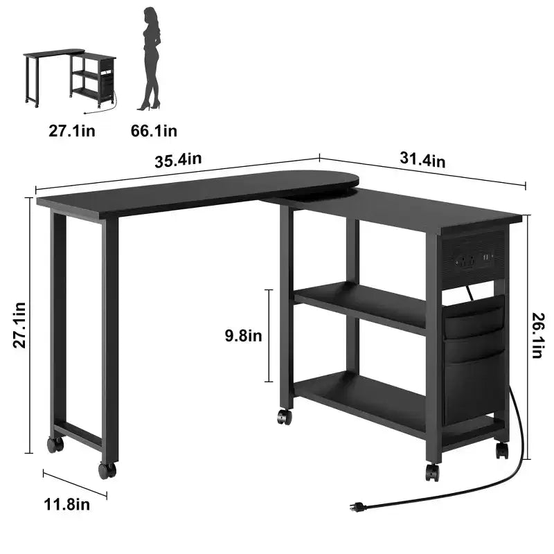 Table d'appoint rotative avec station de charge, Table d'appoint pivotante avec 6 roulettes verrouillables, Chariot de rangement à 3 niveaux pour salon et chambre
