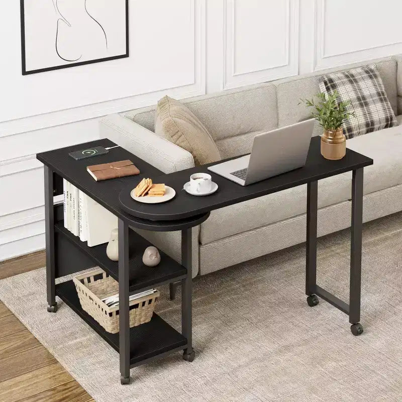 Table d'appoint rotative avec station de charge, Table d'appoint pivotante avec 6 roulettes verrouillables, Chariot de rangement à 3 niveaux pour salon et chambre