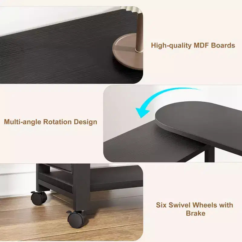 Table d'appoint rotative avec station de charge, Table d'appoint pivotante avec 6 roulettes verrouillables, Chariot de rangement à 3 niveaux pour salon et chambre