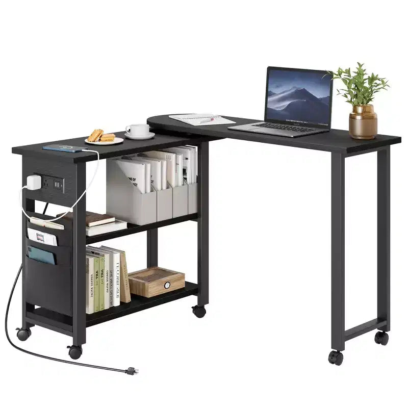 Rotating Side Table with Charging Station, Swivel End Table with 6 Lockable Wheels, 3-Tier Storage Cart for Living Room Bedroom