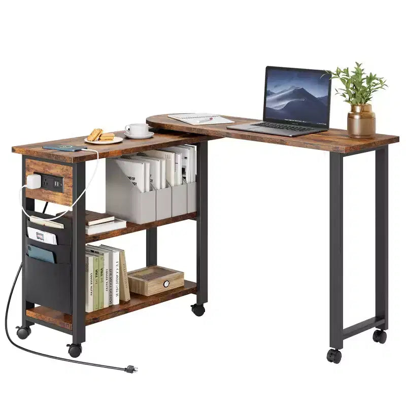 Table d'appoint rotative avec station de charge, Table d'appoint pivotante avec 6 roulettes verrouillables, Chariot de rangement à 3 niveaux pour salon et chambre