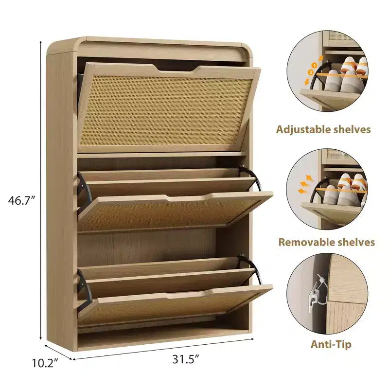 Meuble à chaussures avec 3 tiroirs basculants, Organisateur de chaussures en bois avec étagère réglable, Rangement de chaussures pour entrée, couloir, salon