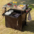JVNOXK 39.5 Outdoor Grill Cart with Storage Cabinet, Stainless Steel Top BBQ Table with Wheels, Spice & Paper Rack, Waterproof Cover Included