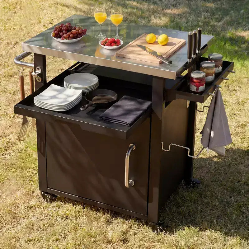 JVNOXK 39.5 Outdoor Grill Cart with Storage Cabinet, Stainless Steel Top BBQ Table with Wheels, Spice & Paper Rack, Waterproof Cover Included