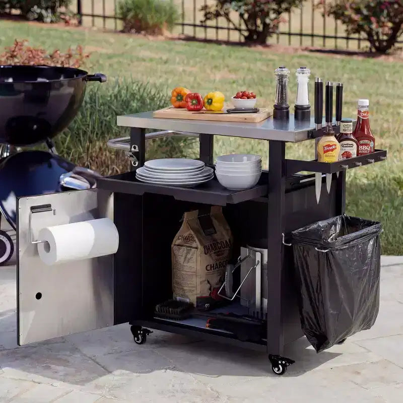 Chariot de barbecue d'extérieur de 99 cm avec meuble de rangement, table de barbecue à plateau en acier inoxydable avec roues, support à épices et à papier, housse imperméable incluse