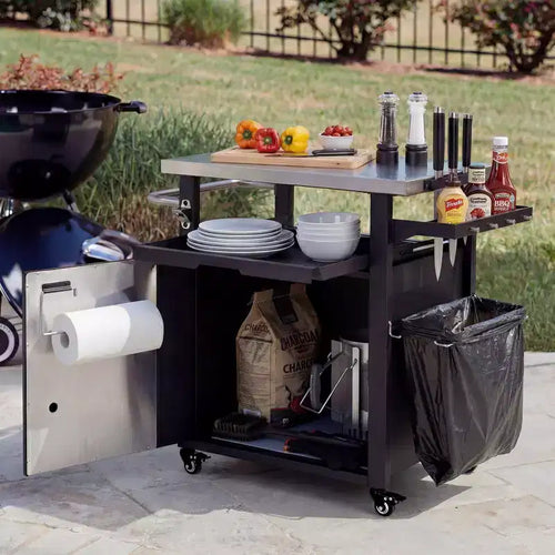 Chariot de barbecue d'extérieur de 99 cm avec meuble de rangement, table de barbecue à plateau en acier inoxydable avec roues, support à épices et à papier, housse imperméable incluse