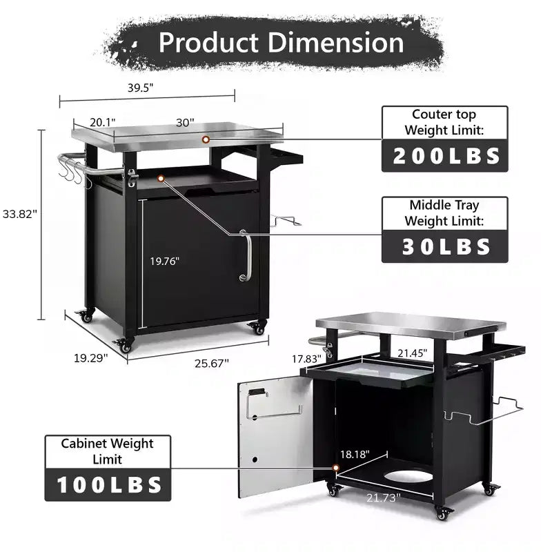 Chariot de barbecue d'extérieur de 99 cm avec meuble de rangement, table de barbecue à plateau en acier inoxydable avec roues, support à épices et à papier, housse imperméable incluse