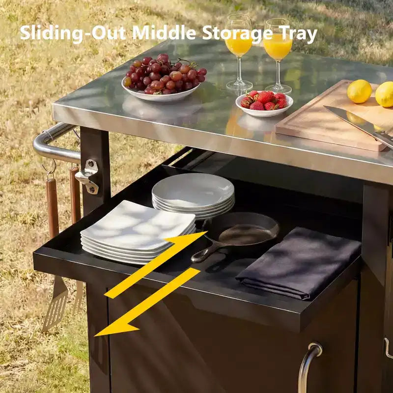 Chariot de barbecue d'extérieur de 99 cm avec meuble de rangement, table de barbecue à plateau en acier inoxydable avec roues, support à épices et à papier, housse imperméable incluse