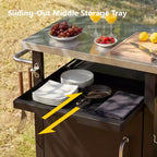 Chariot de barbecue d'extérieur de 99 cm avec meuble de rangement, table de barbecue à plateau en acier inoxydable avec roues, support à épices et à papier, housse imperméable incluse