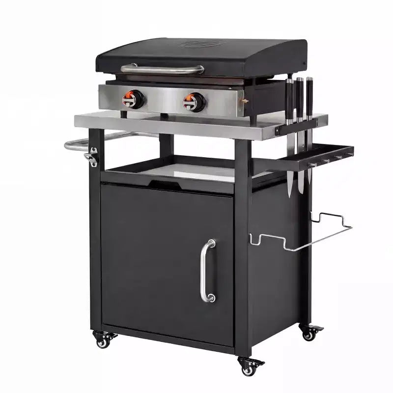 Chariot de barbecue d'extérieur de 99 cm avec meuble de rangement, table de barbecue à plateau en acier inoxydable avec roues, support à épices et à papier, housse imperméable incluse