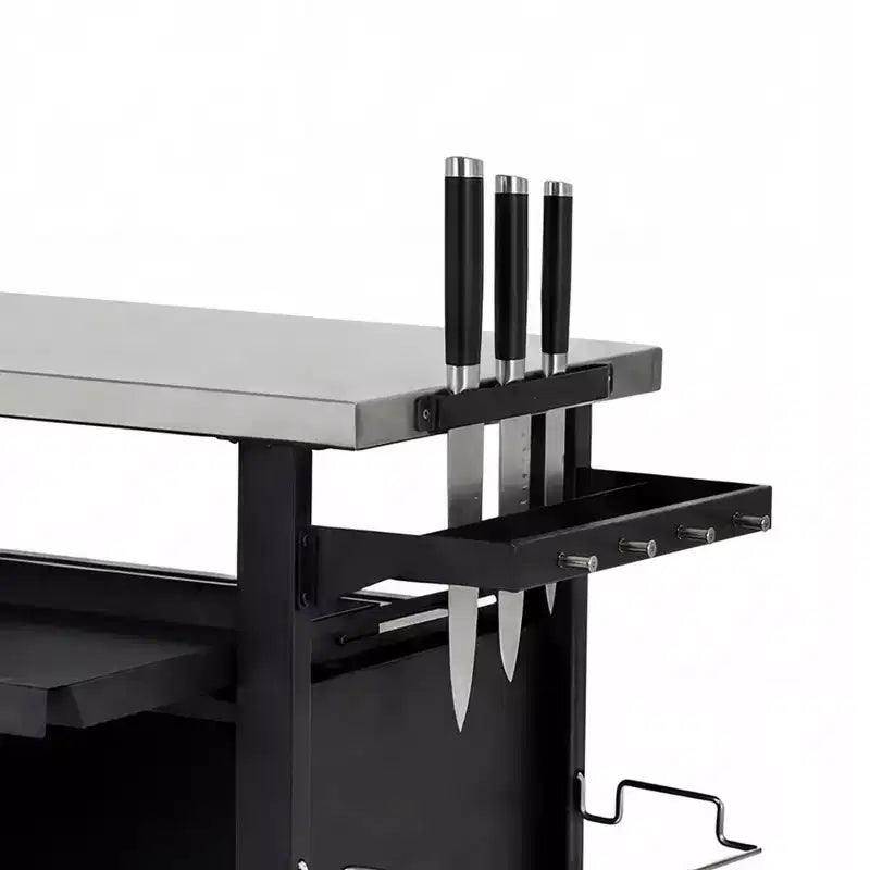 Chariot de barbecue d'extérieur de 99 cm avec meuble de rangement, table de barbecue à plateau en acier inoxydable avec roues, support à épices et à papier, housse imperméable incluse