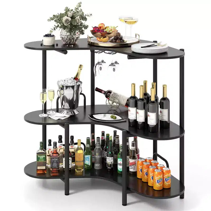 Unité de bar à domicile 3 niveaux avec porte-verres à pied et étagères de rangement avec cadre en métal marron/noir
