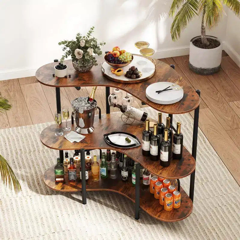Unité de bar à domicile 3 niveaux avec porte-verres à pied et étagères de rangement avec cadre en métal marron/noir