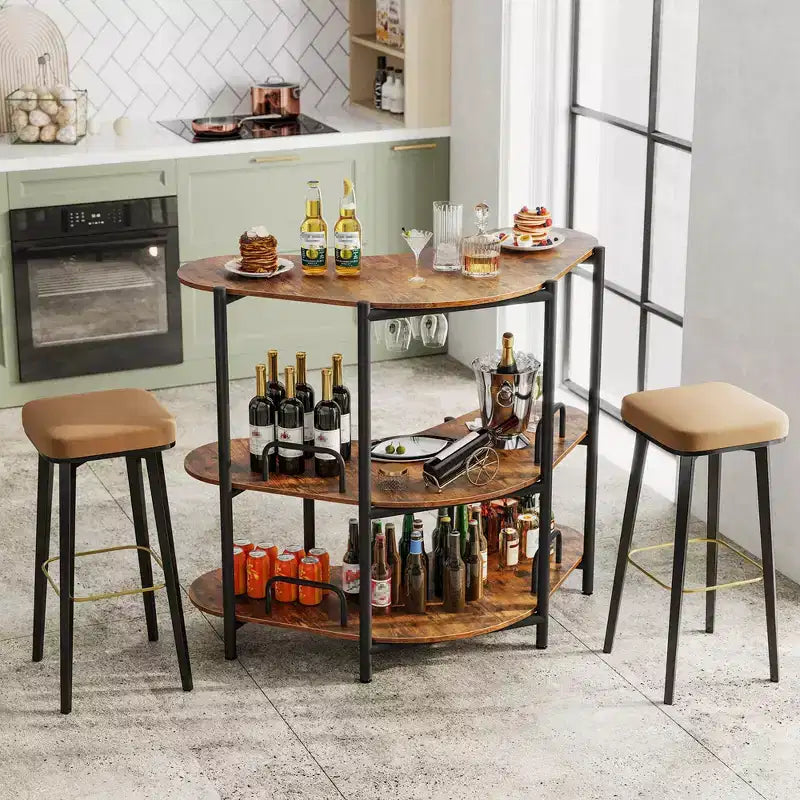 Unité de bar à domicile 3 niveaux avec porte-verres à pied et étagères de rangement avec cadre en métal marron/noir