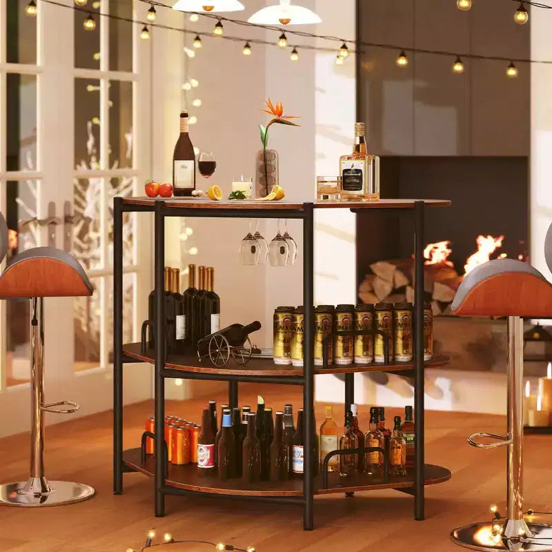 Unité de bar à domicile 3 niveaux avec porte-verres à pied et étagères de rangement avec cadre en métal marron/noir