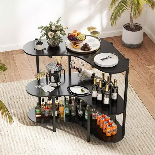 Unité de bar à domicile 3 niveaux avec porte-verres à pied et étagères de rangement avec cadre en métal marron/noir