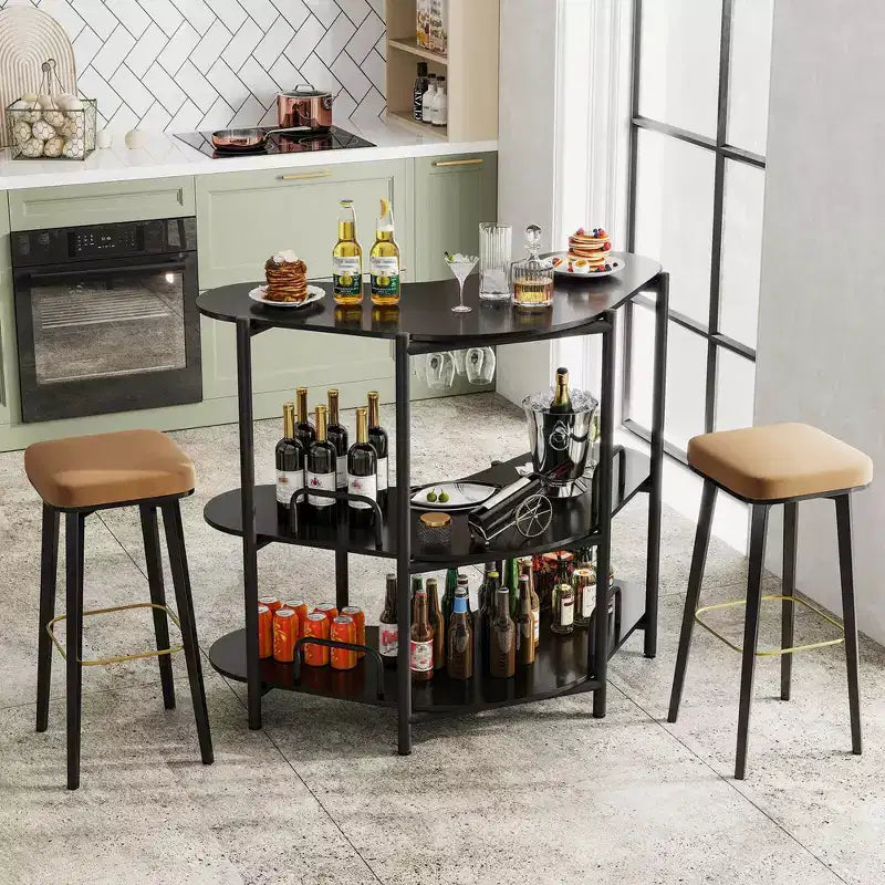 Unité de bar à domicile 3 niveaux avec porte-verres à pied et étagères de rangement avec cadre en métal marron/noir