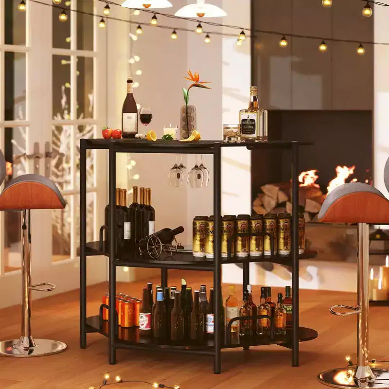 Unité de bar à domicile 3 niveaux avec porte-verres à pied et étagères de rangement avec cadre en métal marron/noir