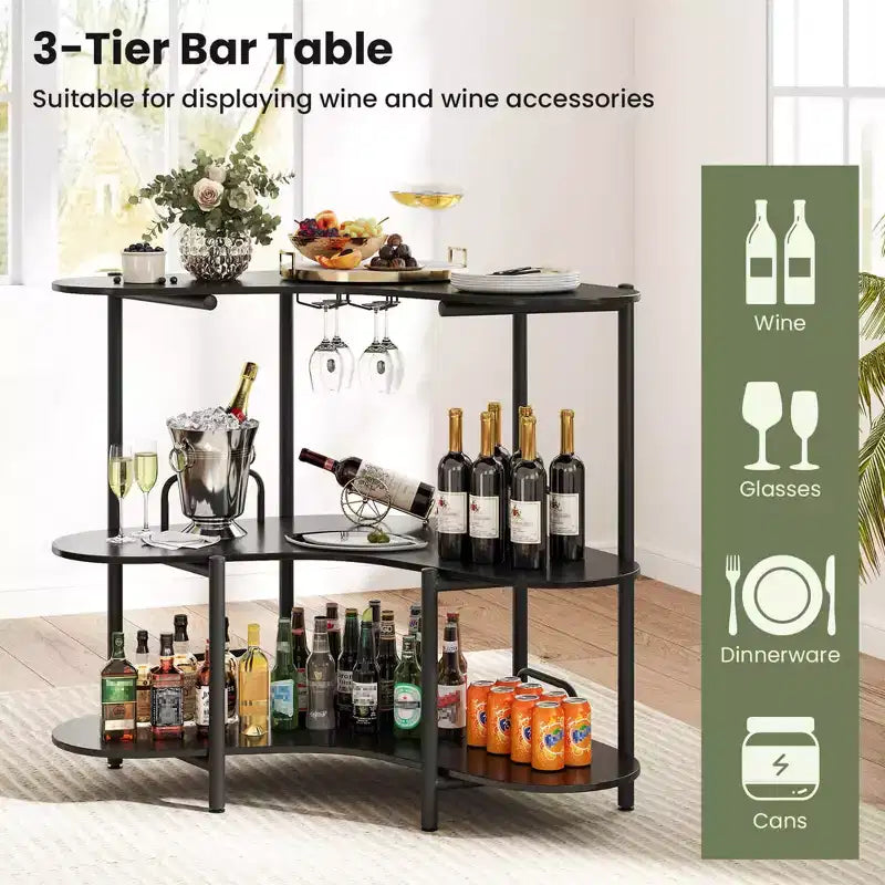 Unité de bar à domicile 3 niveaux avec porte-verres à pied et étagères de rangement avec cadre en métal marron/noir