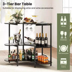 Unité de bar à domicile 3 niveaux avec porte-verres à pied et étagères de rangement avec cadre en métal marron/noir