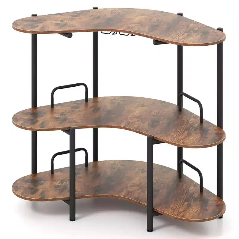 Unité de bar à domicile 3 niveaux avec porte-verres à pied et étagères de rangement avec cadre en métal marron/noir