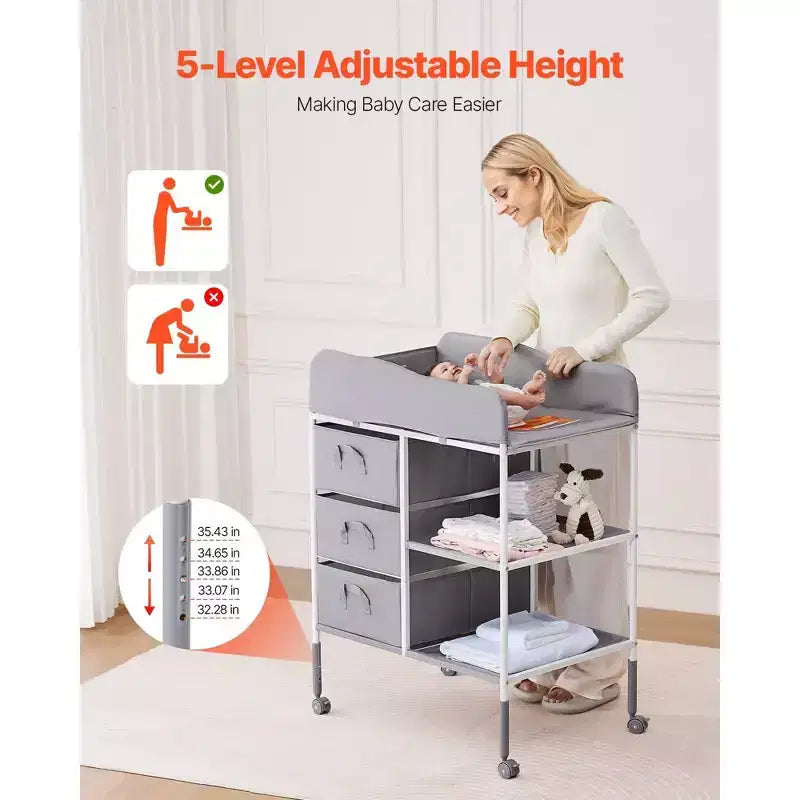 Table à langer portable avec 3 tiroirs et roulettes robuste