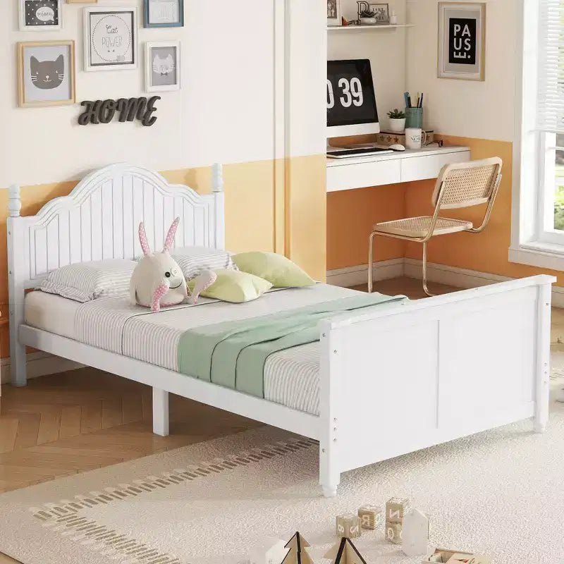 Twin Size Wood Platform Bed for Kids with Headboard and Footboard, White