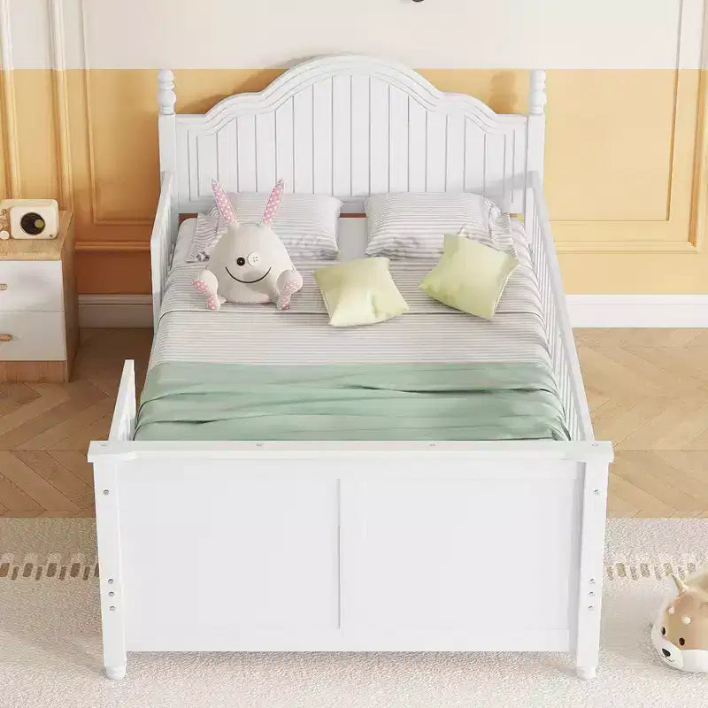 Lit plateforme en bois pour enfants, taille simple, avec tête et pied de lit, blanc