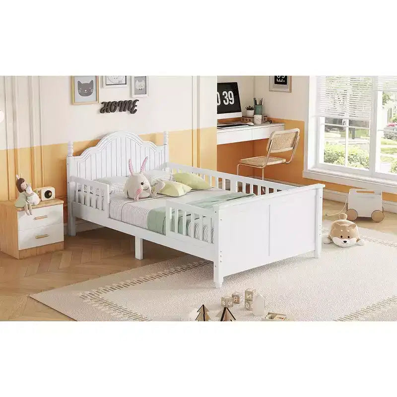 Lit plateforme en bois pour enfants, taille simple, avec tête et pied de lit, blanc