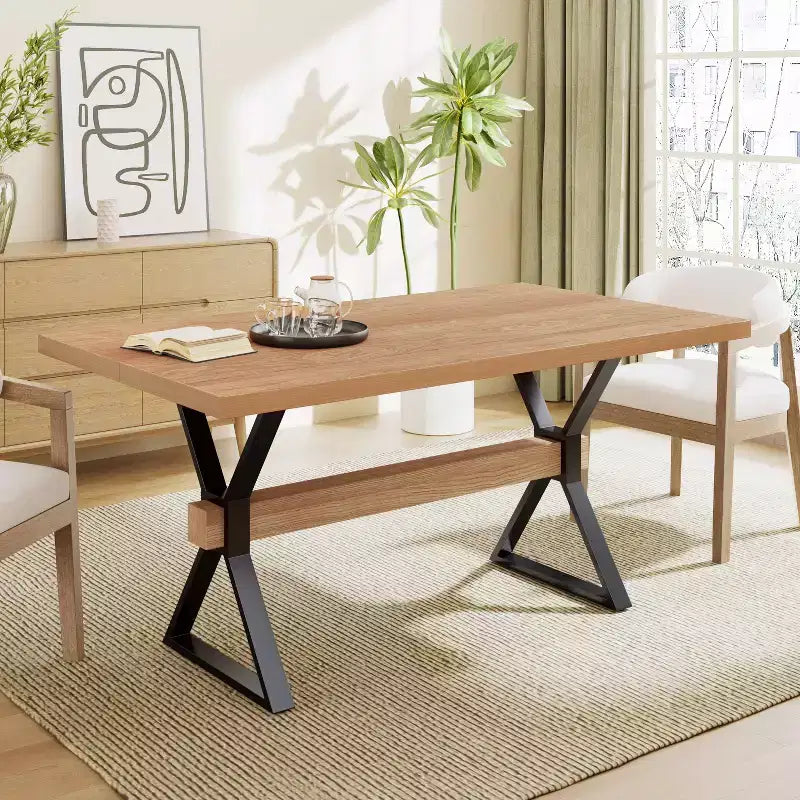Table à manger rustique en métal et bois en X de 160 cm, couleur naturelle