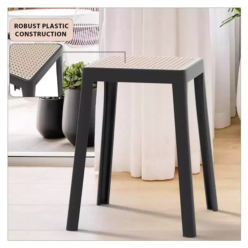 Tabouret de salle à manger carré empilable avec plateau en osier, conception légère et durable pour la cuisine, le jardin, le balcon, le café, le patio ou la terrasse