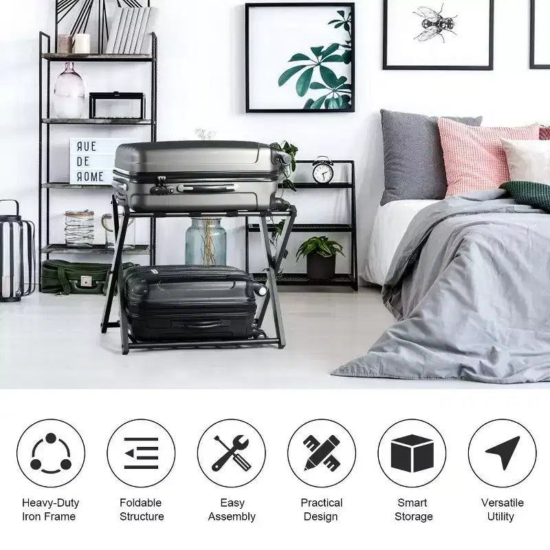 Porte-bagages pliant avec étagère Rangement de chaussures de valise Support en bois