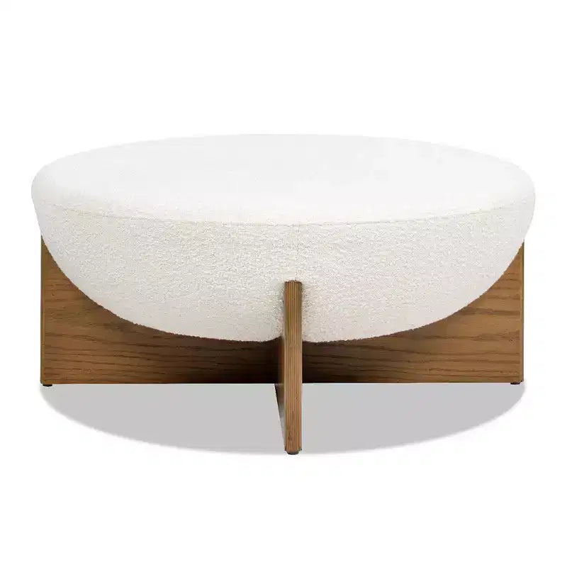 Pouf rembourré rond Bali avec base en bois naturel