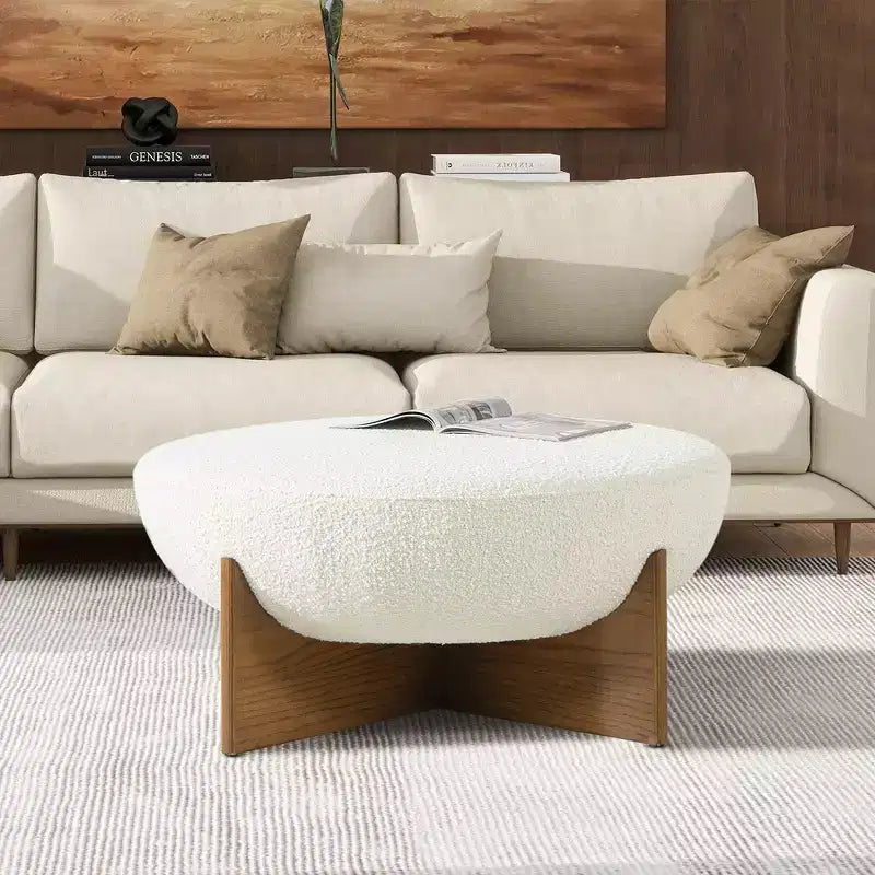 Pouf rembourré rond Bali avec base en bois naturel
