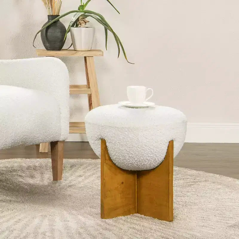 Pouf rembourré rond Bali avec base en bois naturel