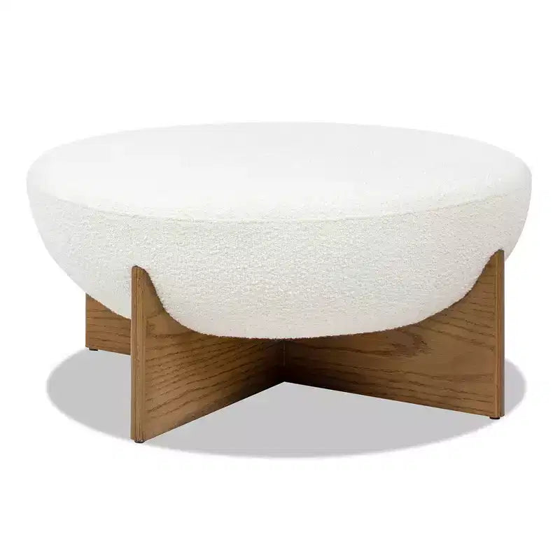 Pouf rembourré rond Bali avec base en bois naturel