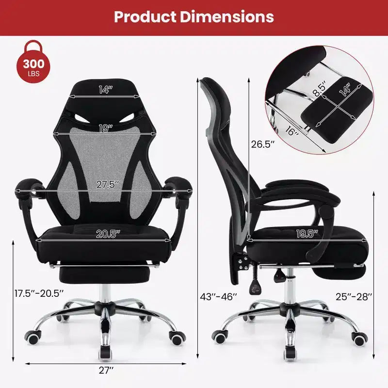 Fauteuil de bureau ergonomique en maille avec repose-pieds, hauteur réglable et dossier inclinable