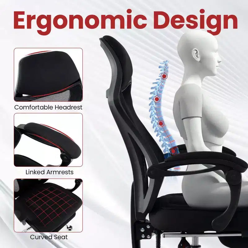 Fauteuil de bureau ergonomique en maille avec repose-pieds, hauteur réglable et dossier inclinable