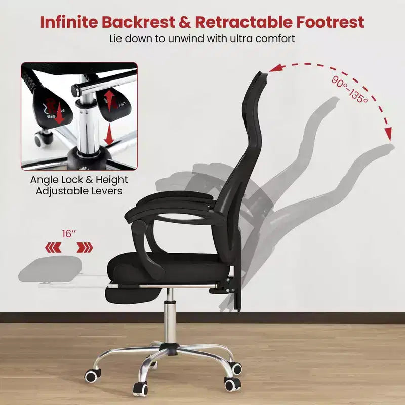 Fauteuil de bureau ergonomique en maille avec repose-pieds, hauteur réglable et dossier inclinable