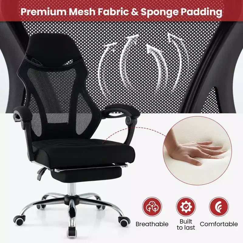 Fauteuil de bureau ergonomique en maille avec repose-pieds, hauteur réglable et dossier inclinable