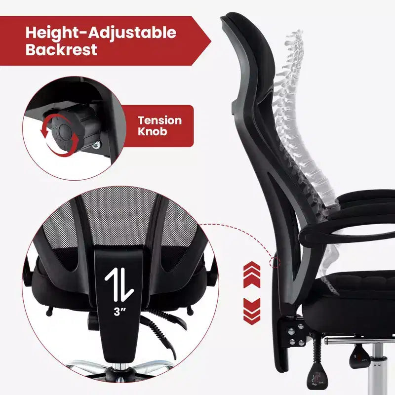 Fauteuil de bureau ergonomique en maille avec repose-pieds, hauteur réglable et dossier inclinable